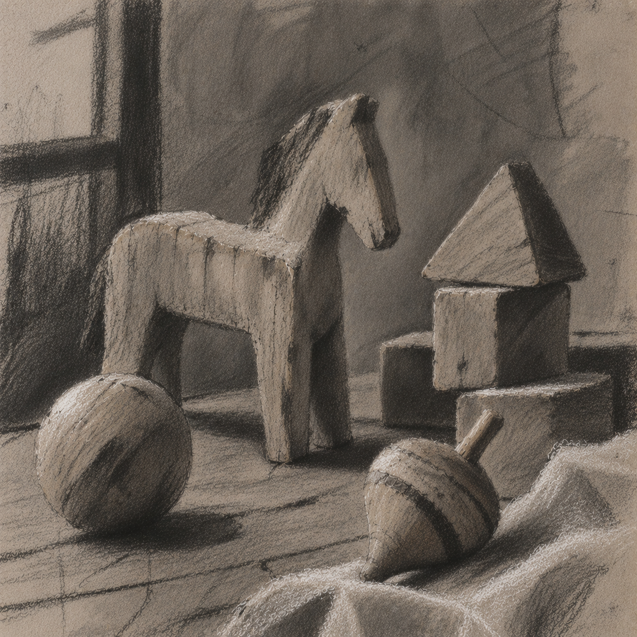 10.5.26  Charcoal: Wooden Toys: Shape, Texture & Memory  October 5 @ 5pm - 8pm